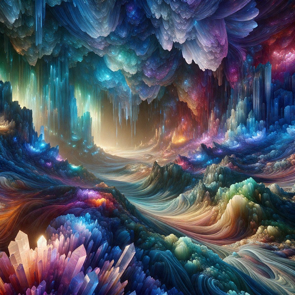The primary subject of the image is a vibrant, colorful, and intricate digital artwork featuring a cave with a purple and blue color scheme. The setting is a cave with a mountainous background, and the visual style is a combination of digital art and illustration. The colors and mood of the image are lively and energetic, with a sense of depth and complexity in the artwork.
